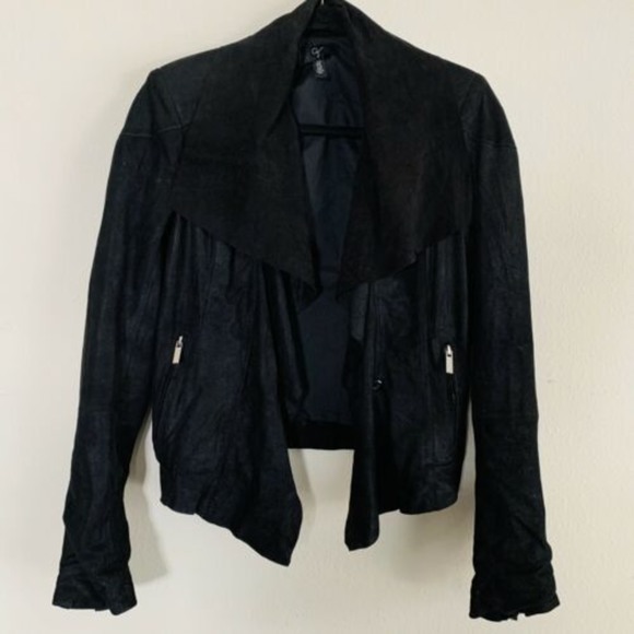 Aqua Jackets & Blazers - Aqua Black Leather Suede Drape Front Jacket